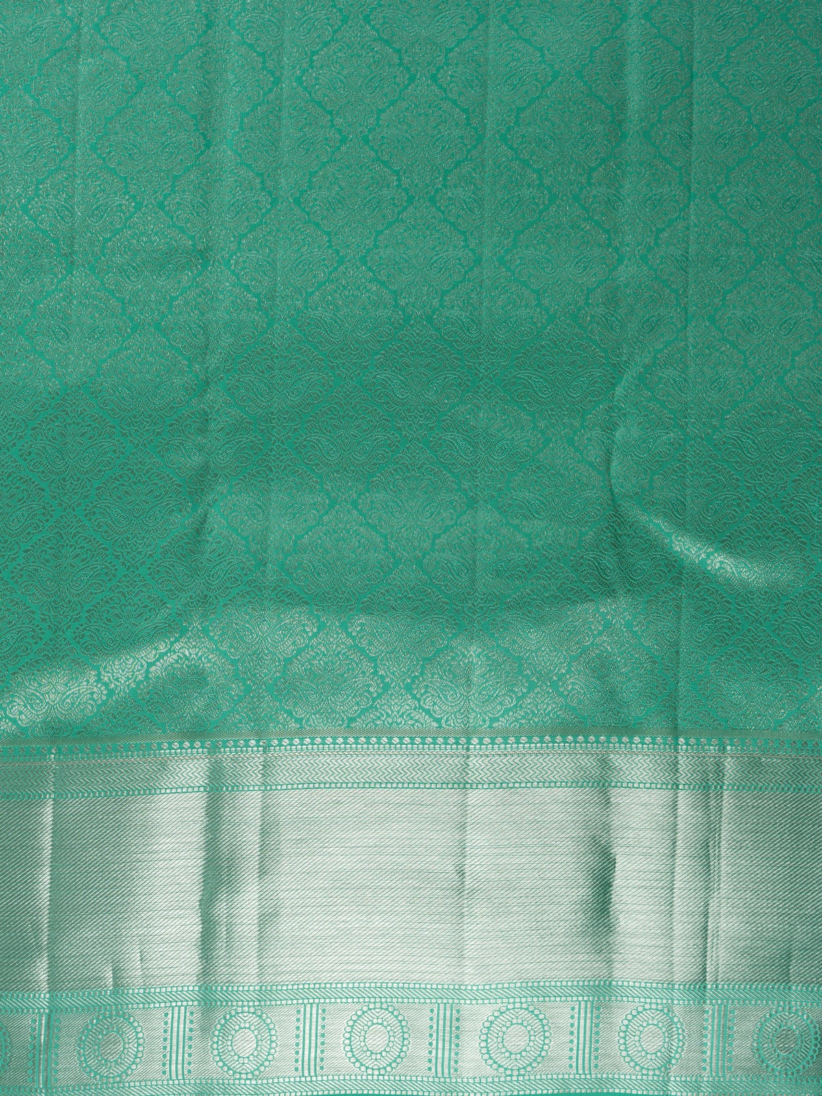 Sea green pure Kanchipuram silk saree with all-over silver zari brocade and contrast border