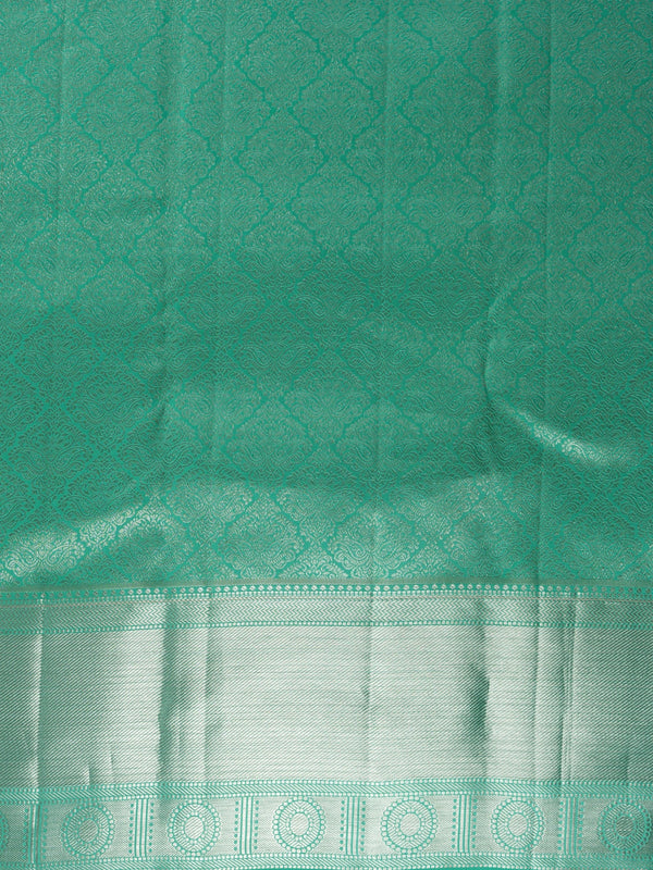 Sea green pure Kanchipuram silk saree with all-over silver zari brocade and contrast border
