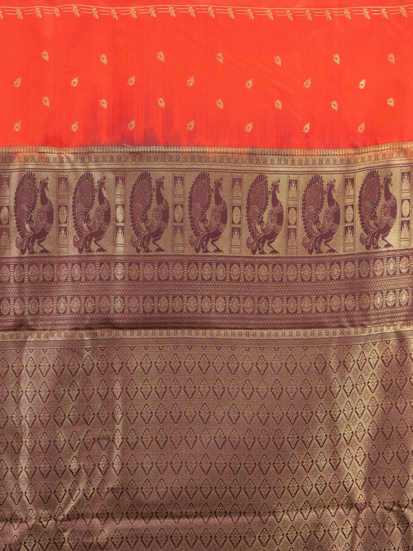 Orange semi silk saree with maroon contrast border and gold zari peacock pallu
