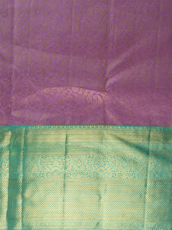 Pink and teal green pure Kanchipuram silk saree with allover gold zari brocade and contrast border