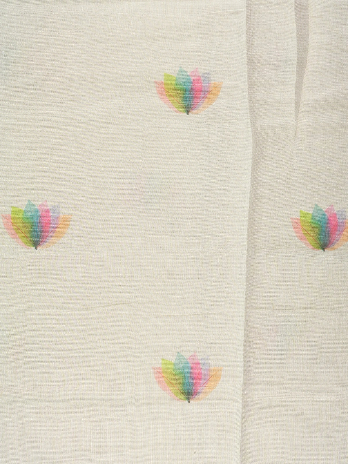 Cream linen cotton saree with multicoloured leaf and lotus-petal prints