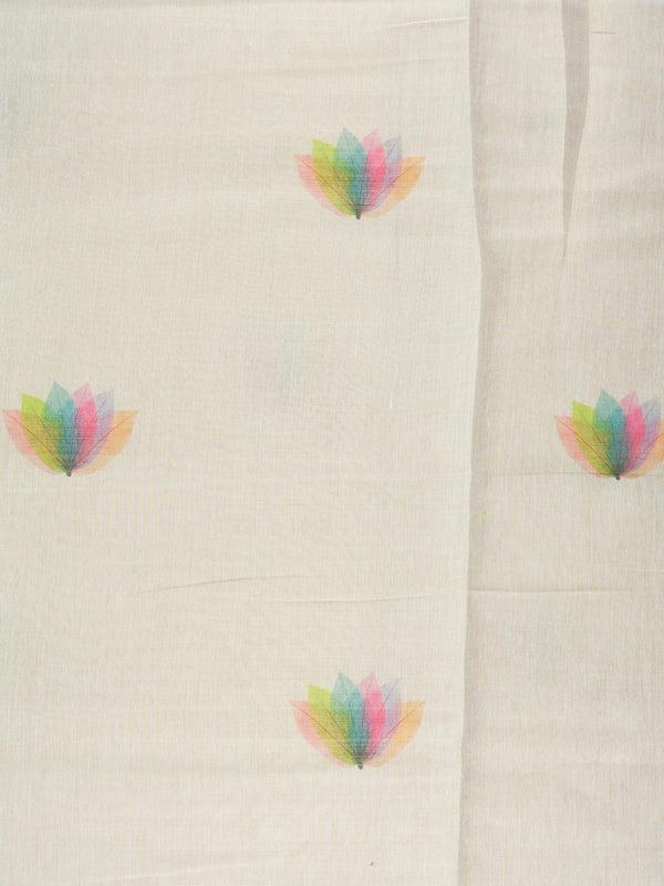 Cream linen cotton saree with multicoloured leaf and lotus-petal prints