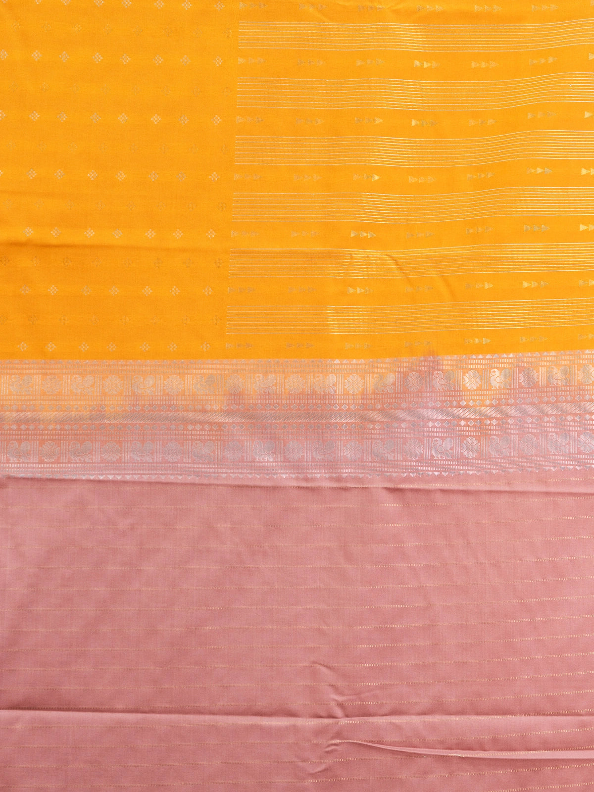 Mustard yellow semi silk saree with silver zari stripes and contrast dusty pink border and pallu