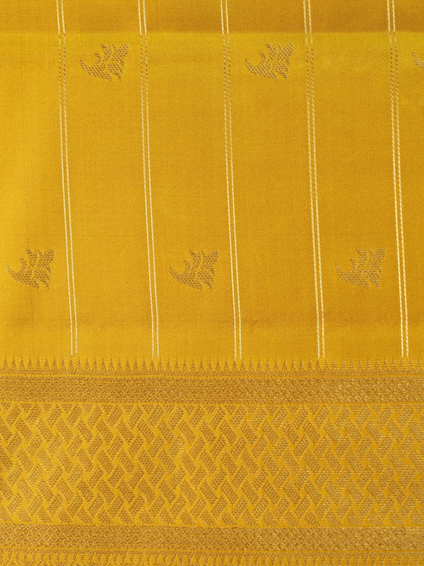 Mustard yellow pure Kanchipuram silk saree with gold zari buttas and border