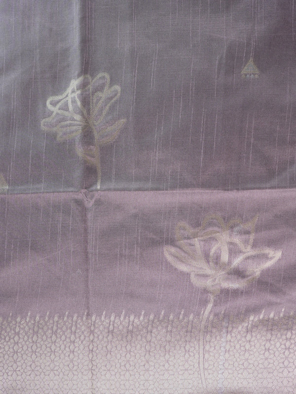 Dusty mauve semi tussar saree with silver zari floral pallu and geometric border