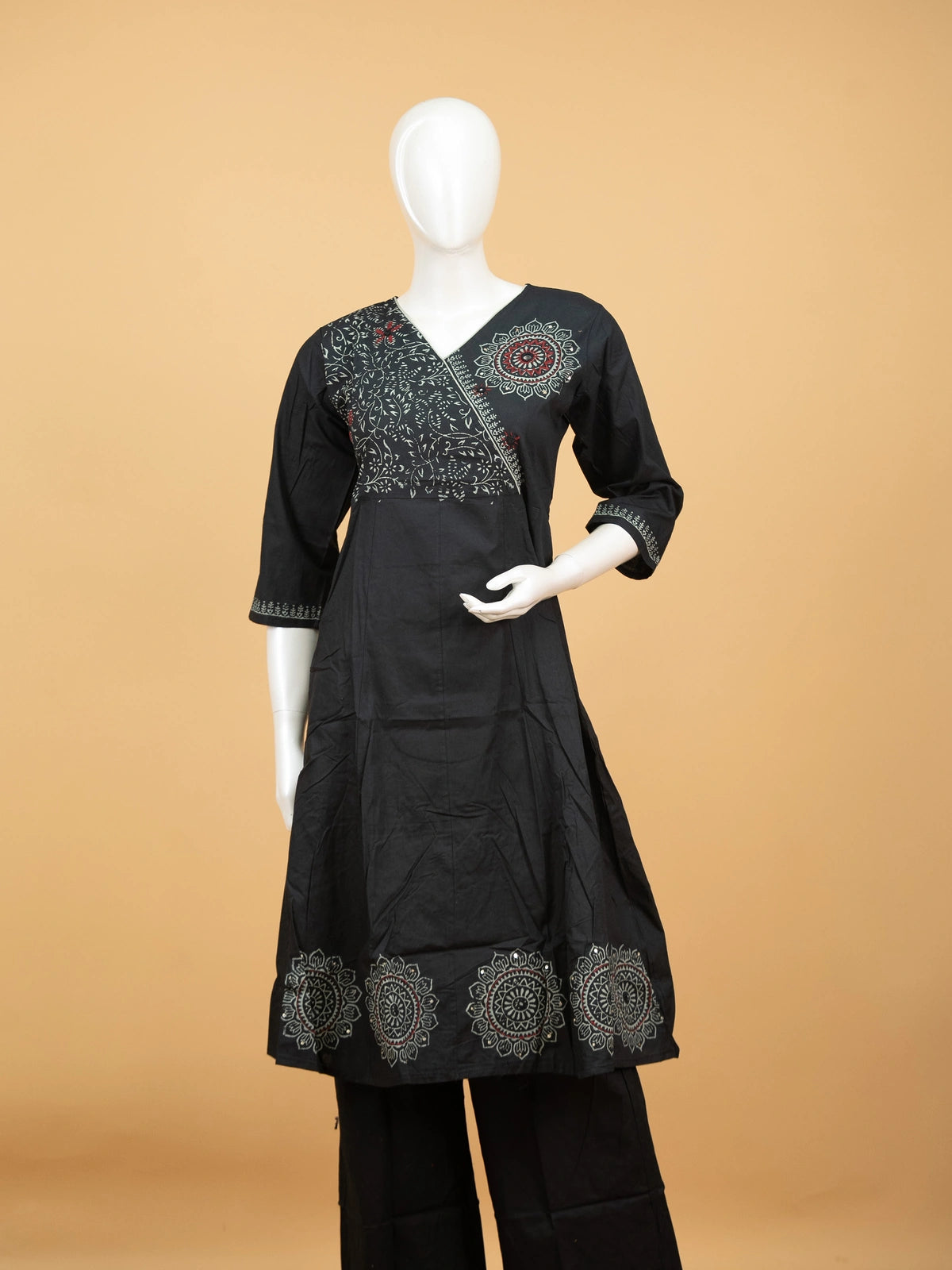Black cotton block print mandala Anarkali kurti set with sage green dupatta