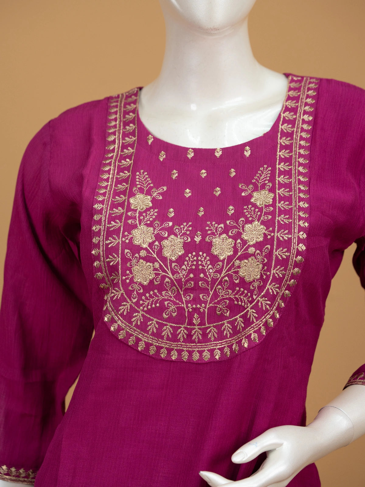 Rani Pink zari embroidered art silk straight cut kurti set with printed dupatta and pants