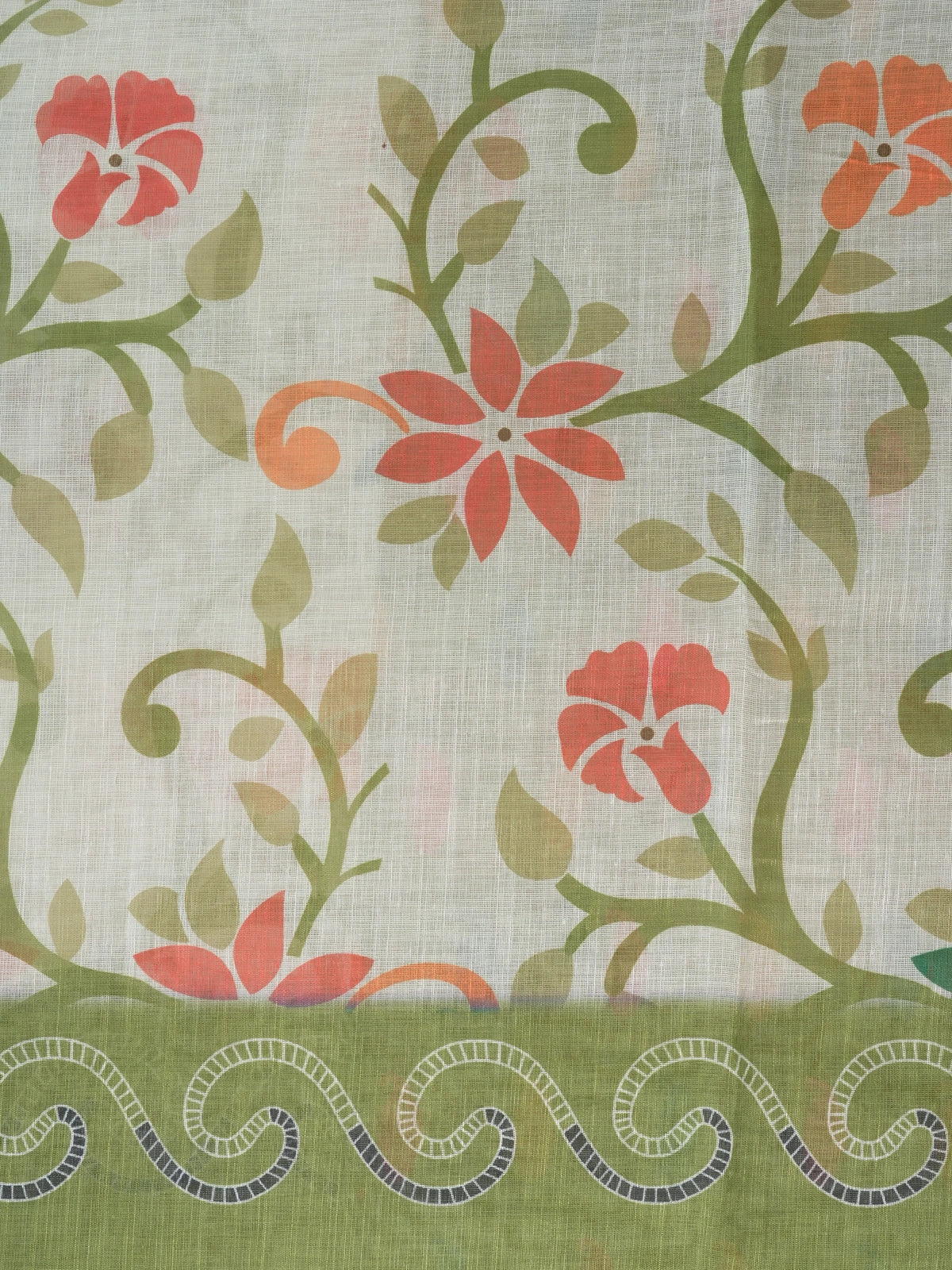 Cream linen cotton saree with floral print, green scrollwork border and paisley pallu
