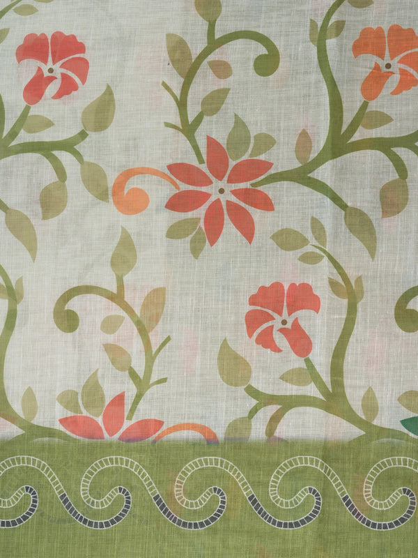 Cream linen cotton saree with floral print, green scrollwork border and paisley pallu