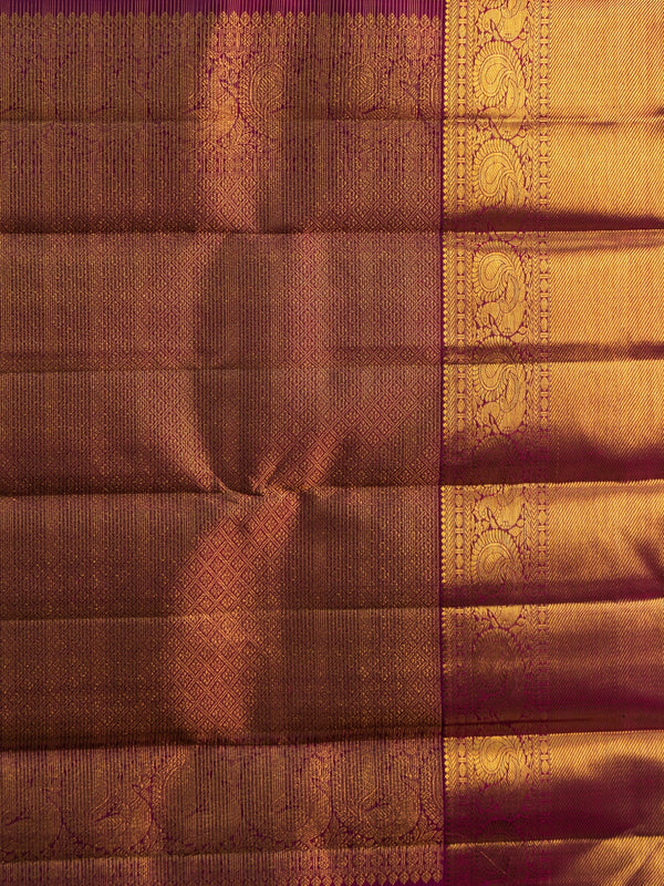Magenta pure Kanchipuram silk saree with gold zari checks and contrast peacock-motif border