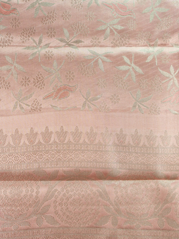 Rose pink pure Kanchipuram silk saree with silver zari floral and bird motifs and contrast zari border