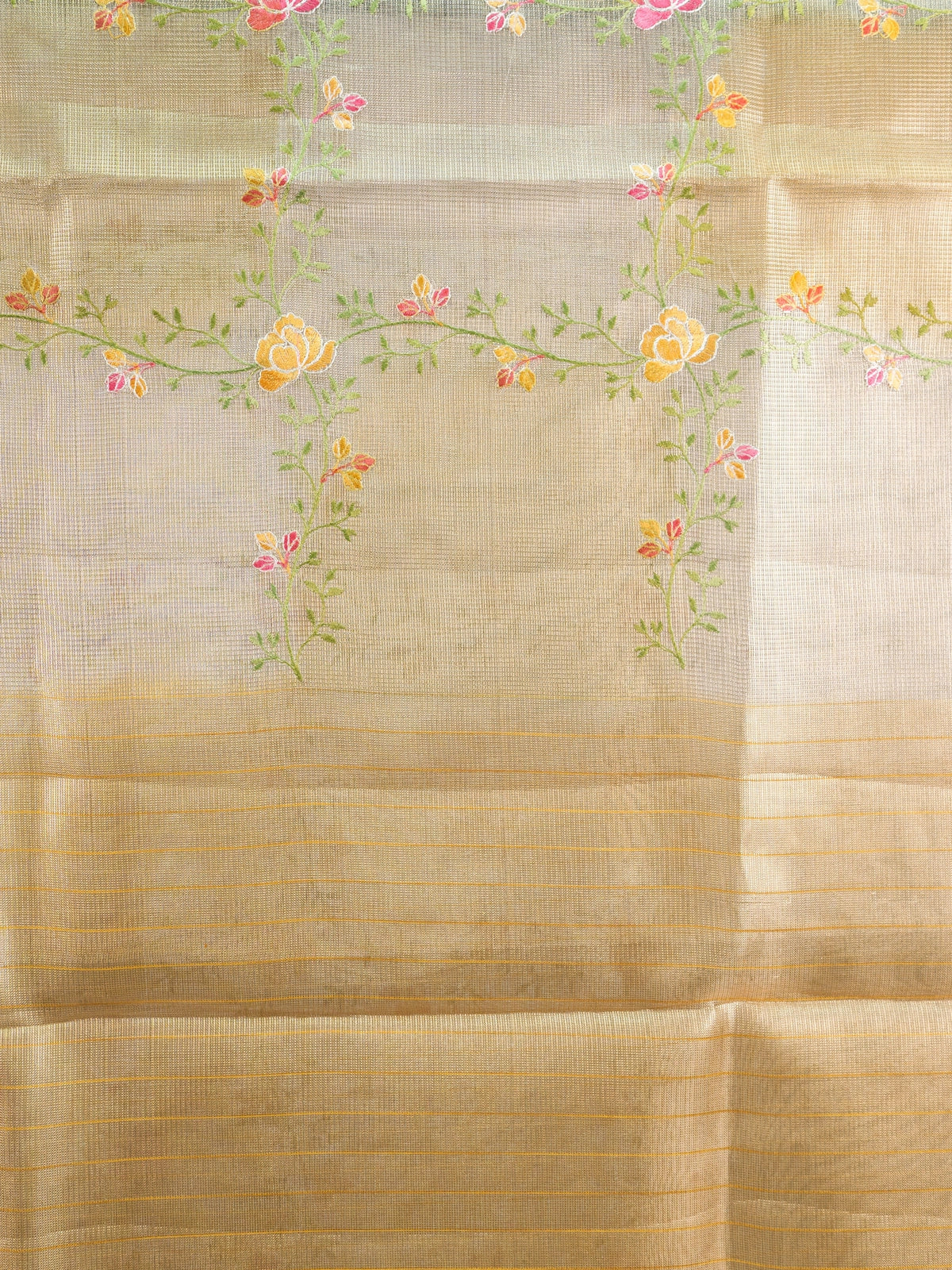 Golden beige semi raw silk saree with multicolour floral embroidery and gold zari border