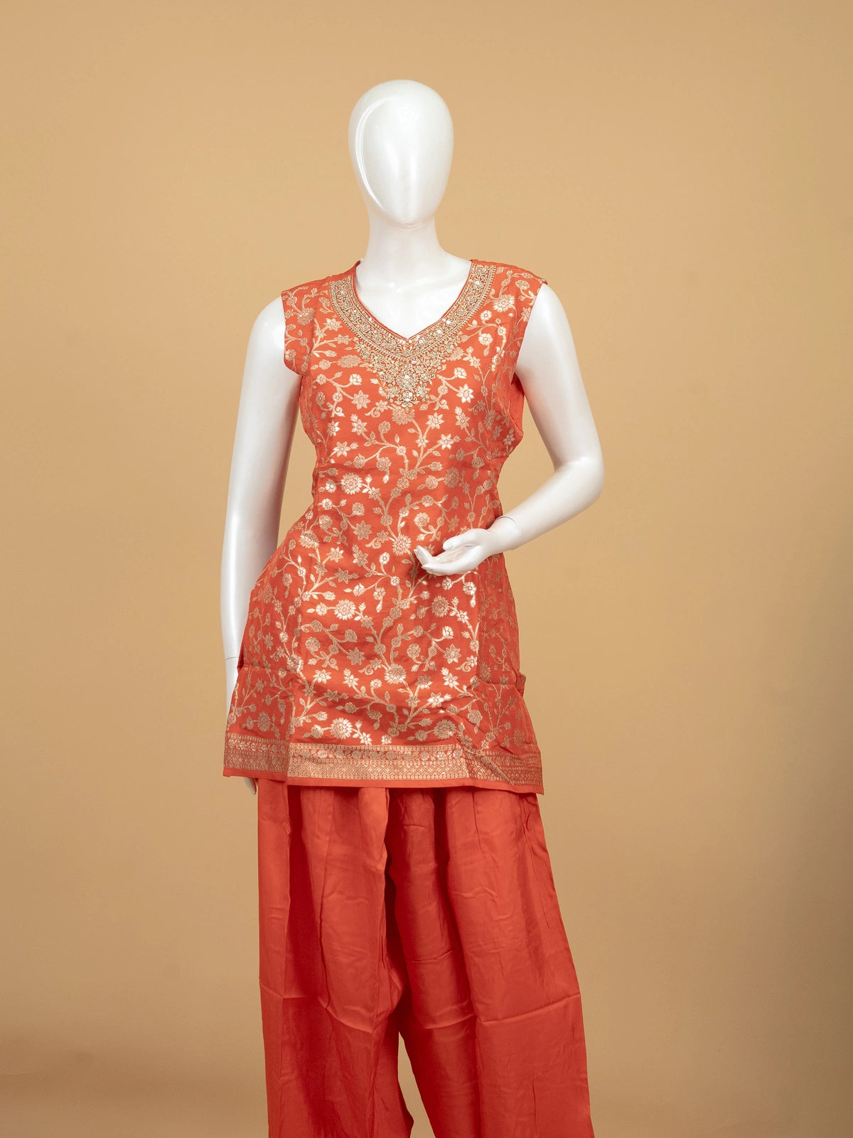 Orange floral zari silk embroidered straight cut kurti top with embellished neckline