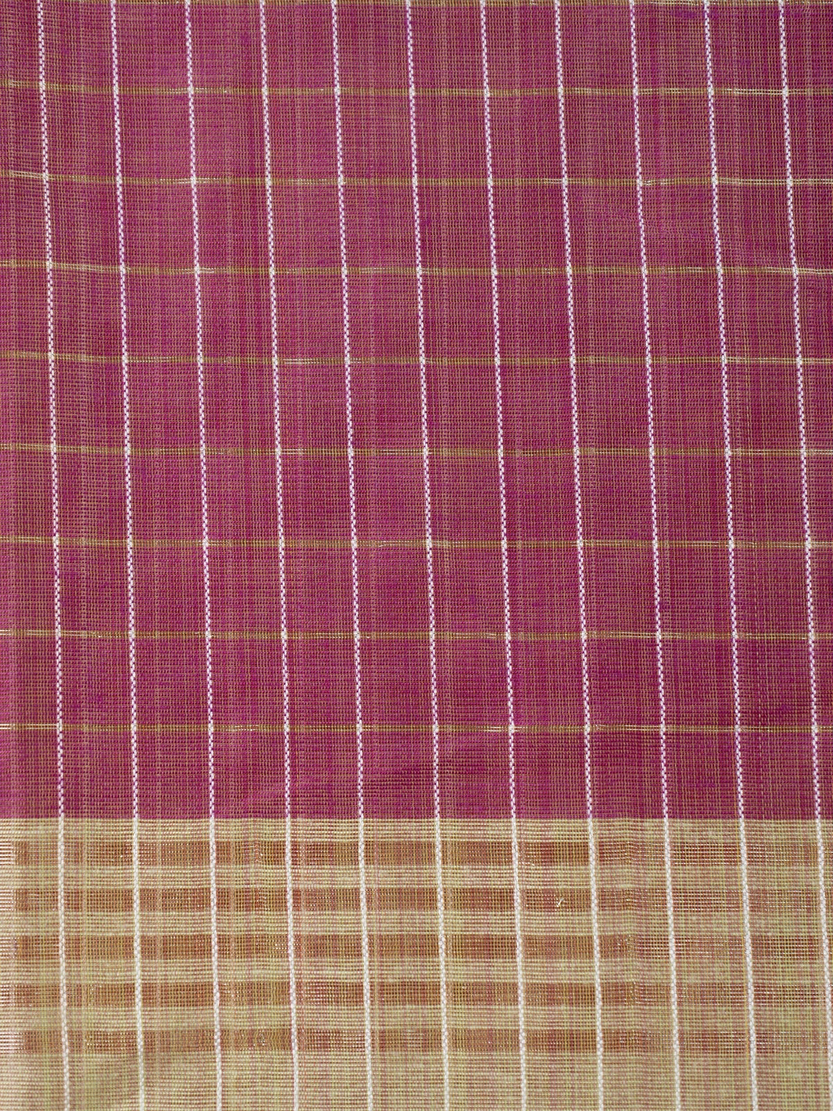 Magenta linen cotton saree with gold zari checks and contrast cream zari-striped pallu