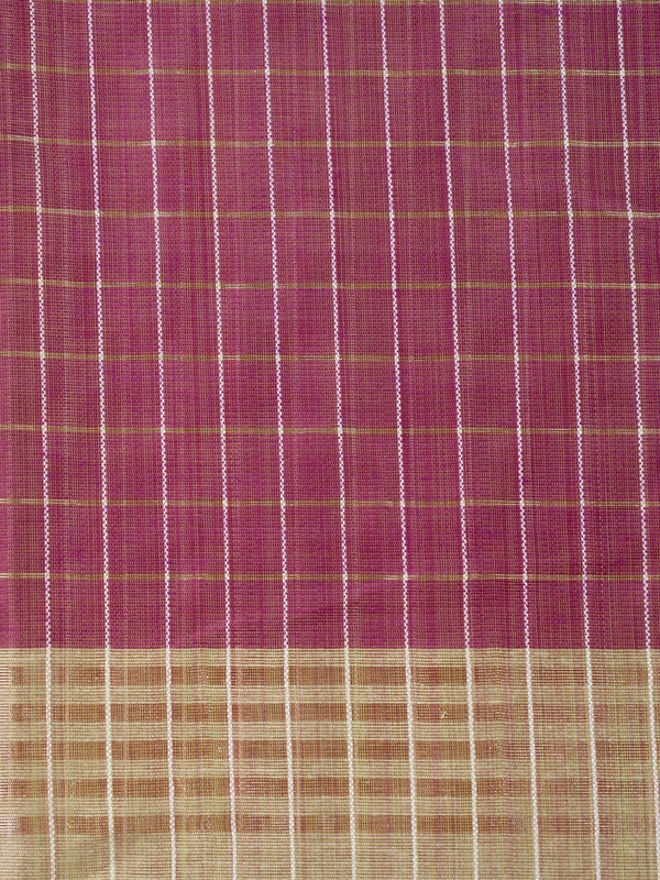 Magenta linen cotton saree with gold zari checks and contrast cream zari-striped pallu