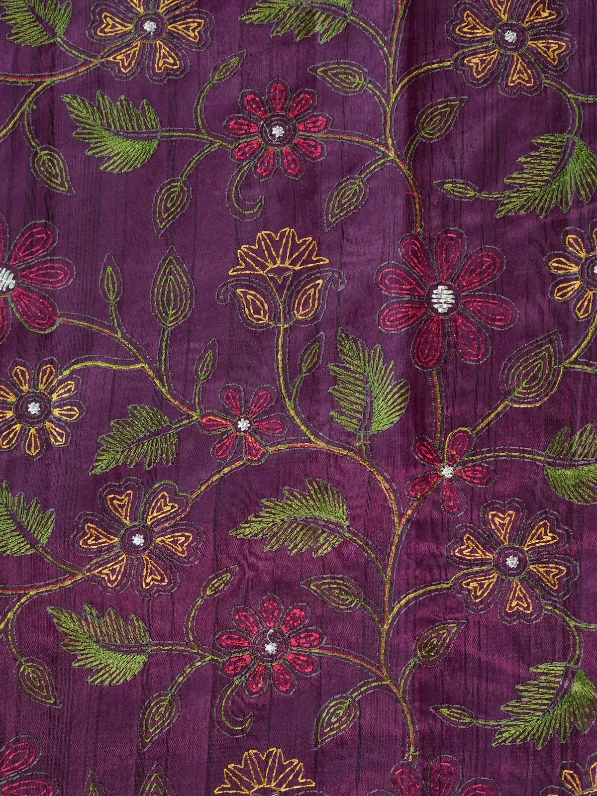 Purple semi tussar saree with allover multi-colour floral embroidery and paisley border