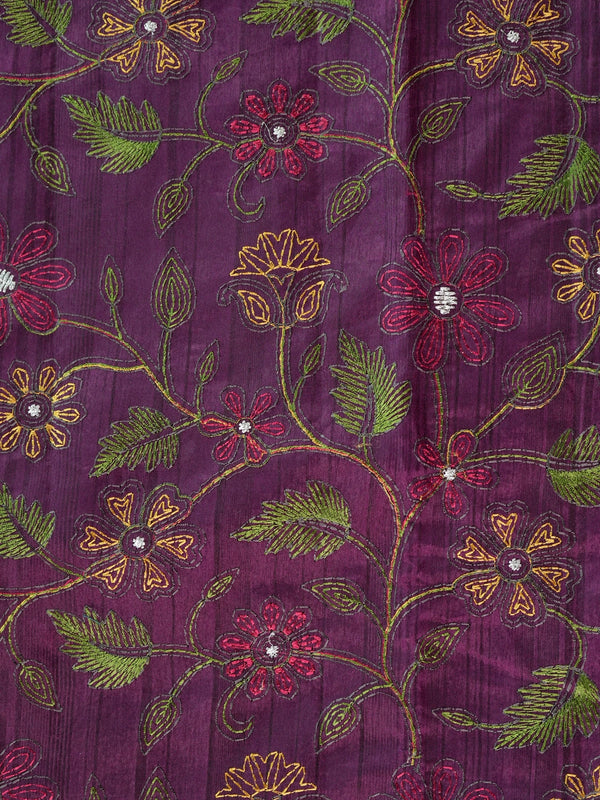 Purple semi tussar saree with allover multi-colour floral embroidery and paisley border