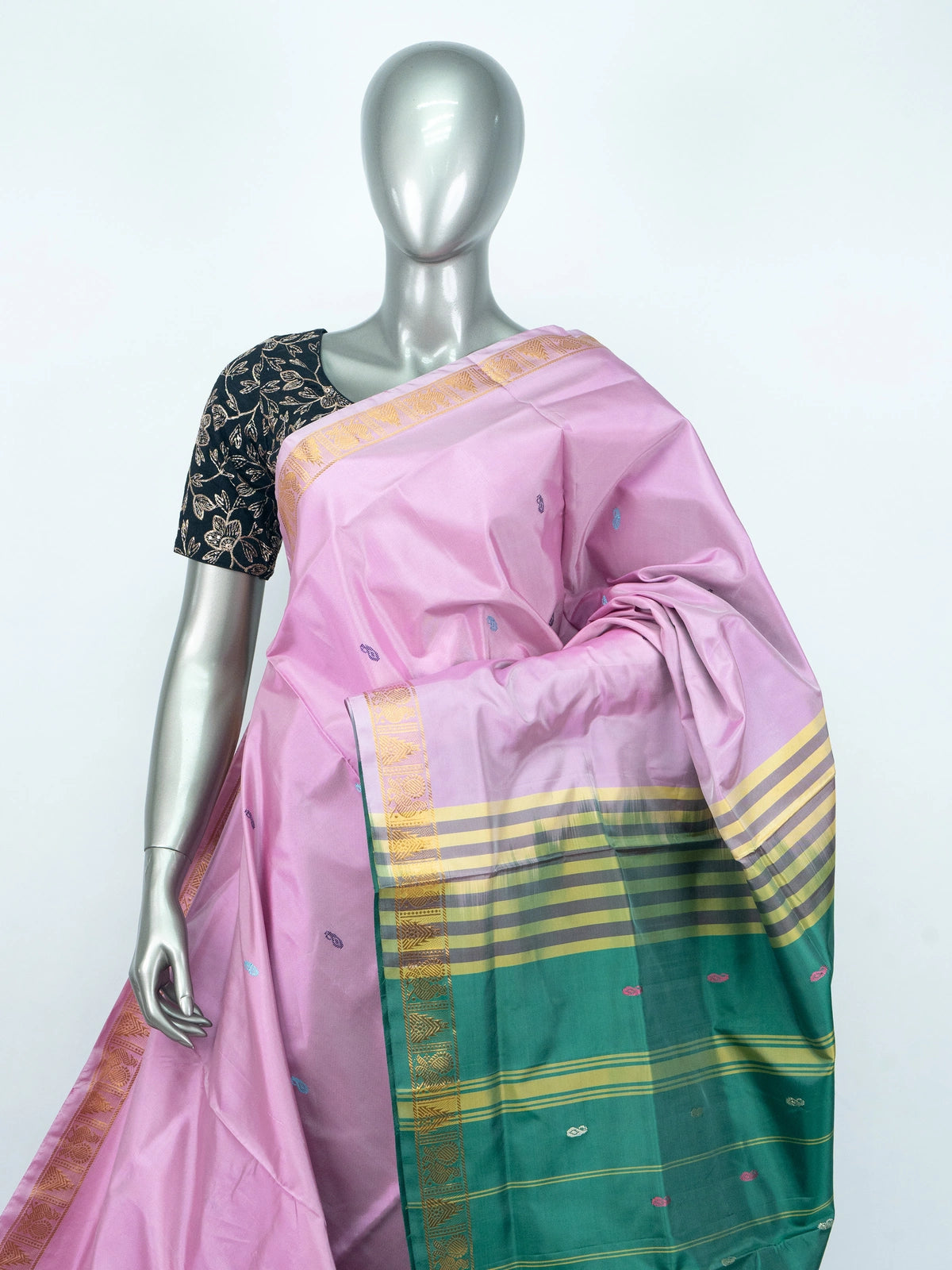 Pink and green Banana Silk saree with gold zari border, contrast pallu and black embroidered blouse
