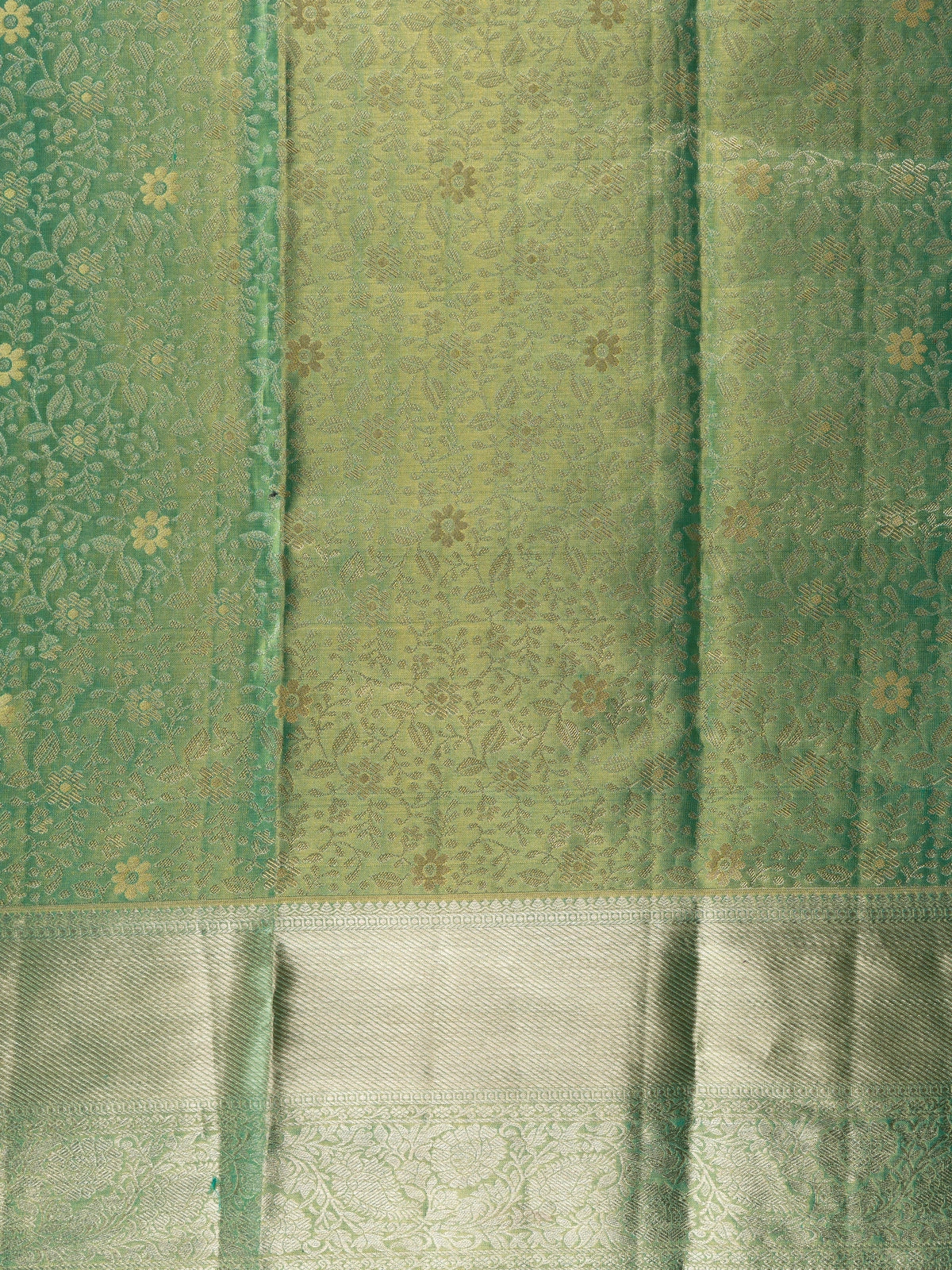 Green pure Kanchipuram silk saree with all-over gold zari floral jaal and broad zari border