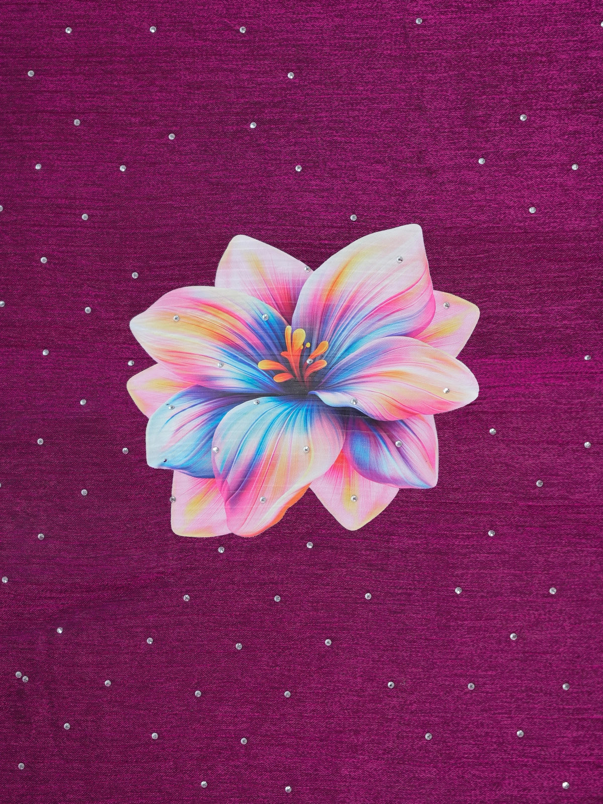 Magenta designer saree with multicolour floral print and silver stone-work border