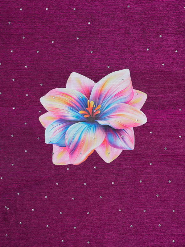 Magenta designer saree with multicolour floral print and silver stone-work border