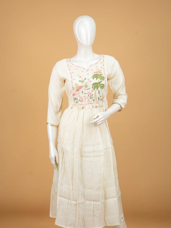 Off-White bird and palm embroidered cotton Anarkali kurti set with dupatta