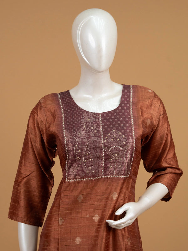 Rust brown silk blend embroidered straight cut kurti set with tie-dye dupatta