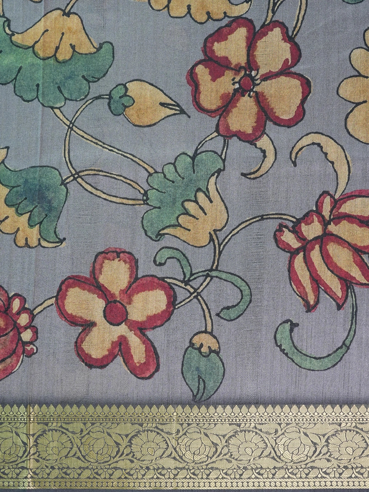 Grey semi tussar saree with Kalamkari floral print, peacock pallu and gold zari contrast border