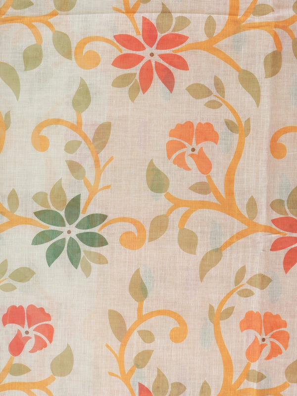 Cream linen cotton saree with orange floral print and paisley border