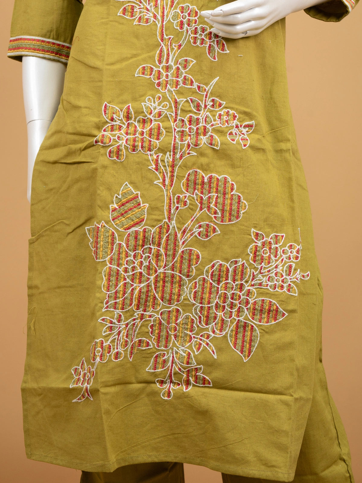 Mehndi green cotton straight cut kurti set with multicolour floral embroidery and cream dupatta