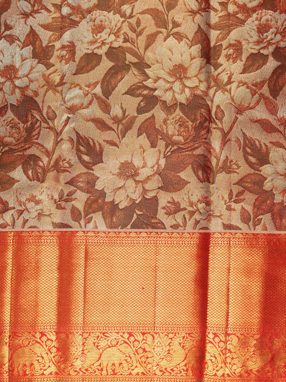 Cream and orange pure Kanchipuram silk saree with floral printed body and gold zari contrast border