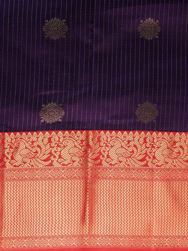 Purple pure Kanchipuram silk saree with gold zari stripes and red contrast peacock border