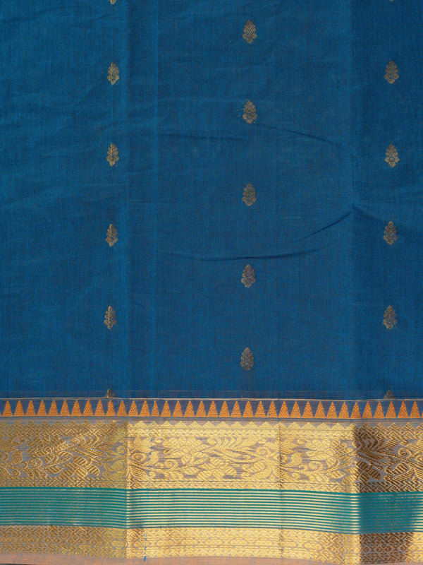 Peacock blue Chettinad cotton saree with gold zari buttas, temple zari border and contrast mustard-gold pallu