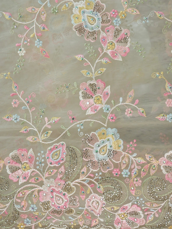 Cream net designer saree with pastel multicolour floral embroidery and scalloped border