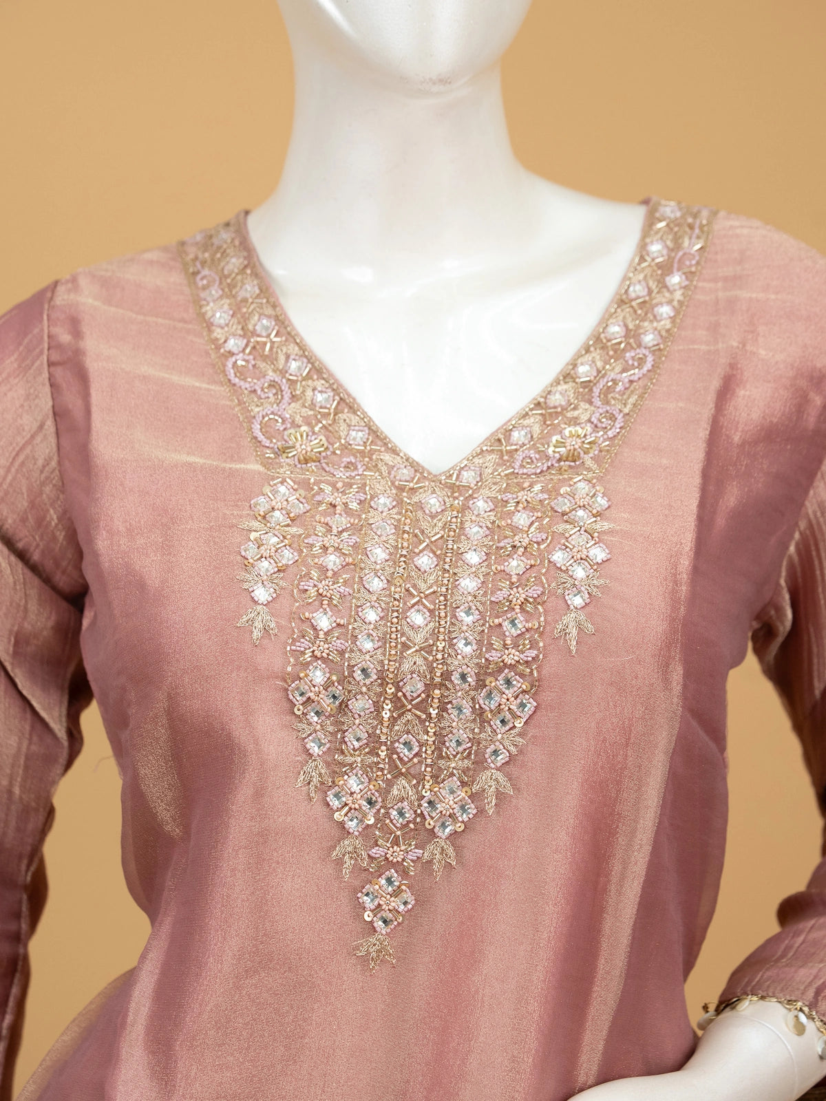Dusty rose tissue silk co-ord set with embellished V-neck kurti and flared palazzo pants