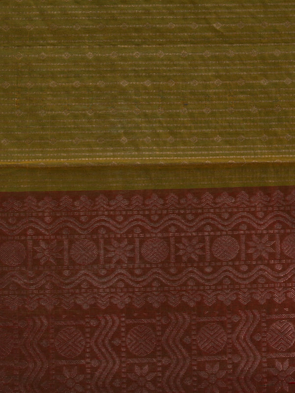 Olive green silk cotton saree with contrast maroon zari border and woven pallu