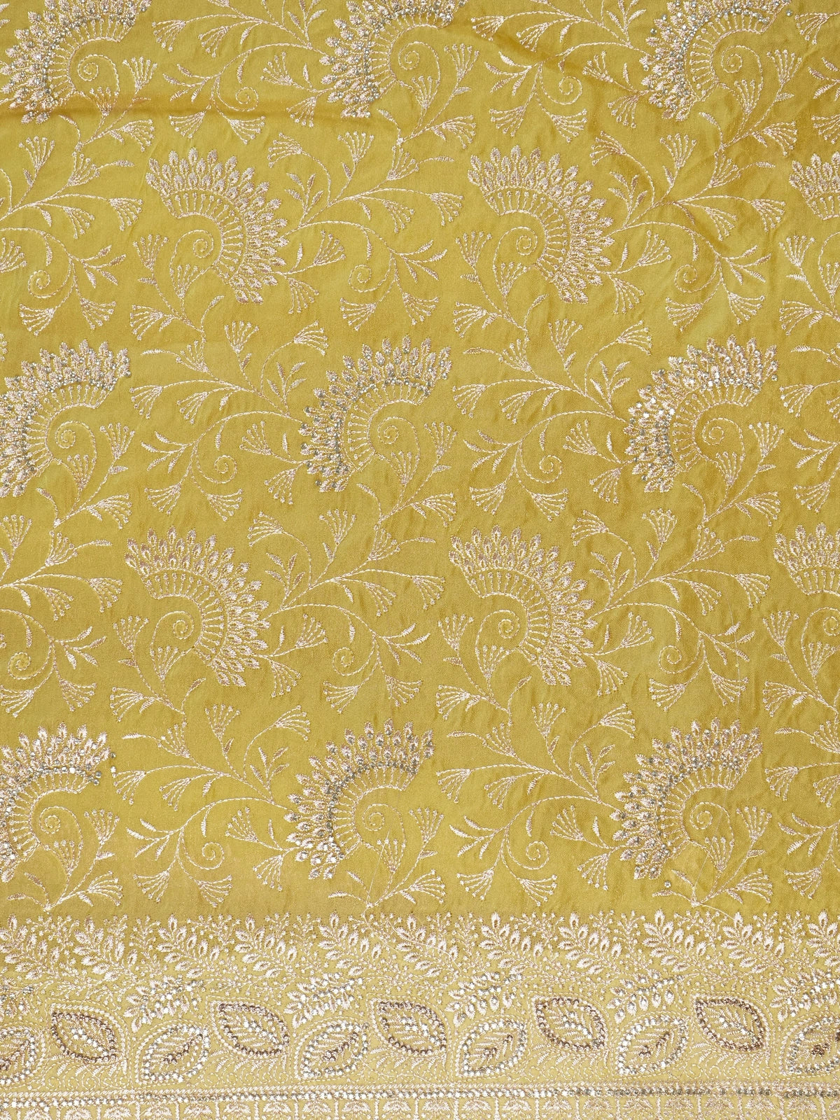 Bright yellow designer art silk saree with all-over silver-gold embroidery, sequin work, and embroidered border