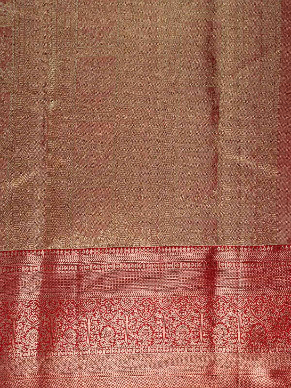 Gold and red pure Kanchipuram silk saree with gold zari brocade body and contrast red border