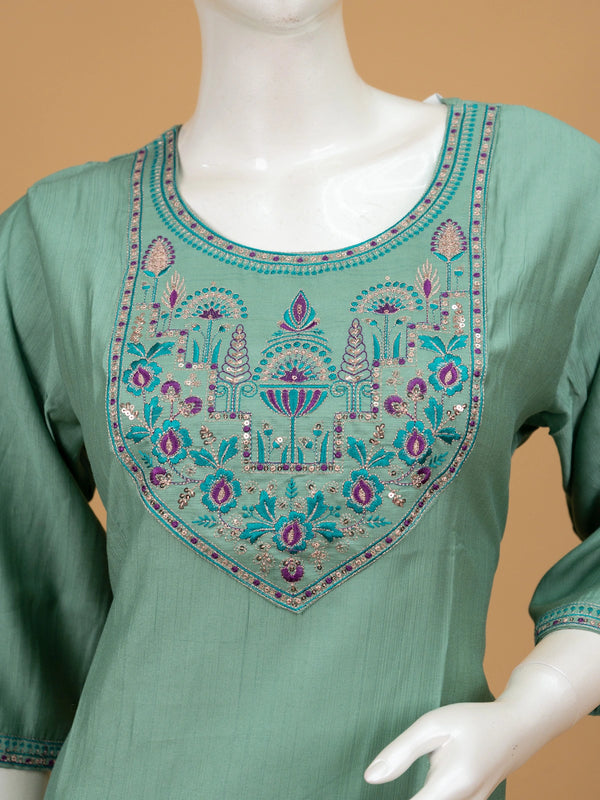 Sea Green embroidered yoke straight cut kurti top with 3/4th sleeves