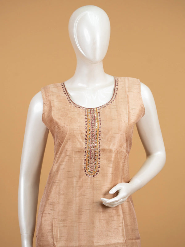 Beige floral tussar silk mirror work straight cut kurti set with printed dupatta