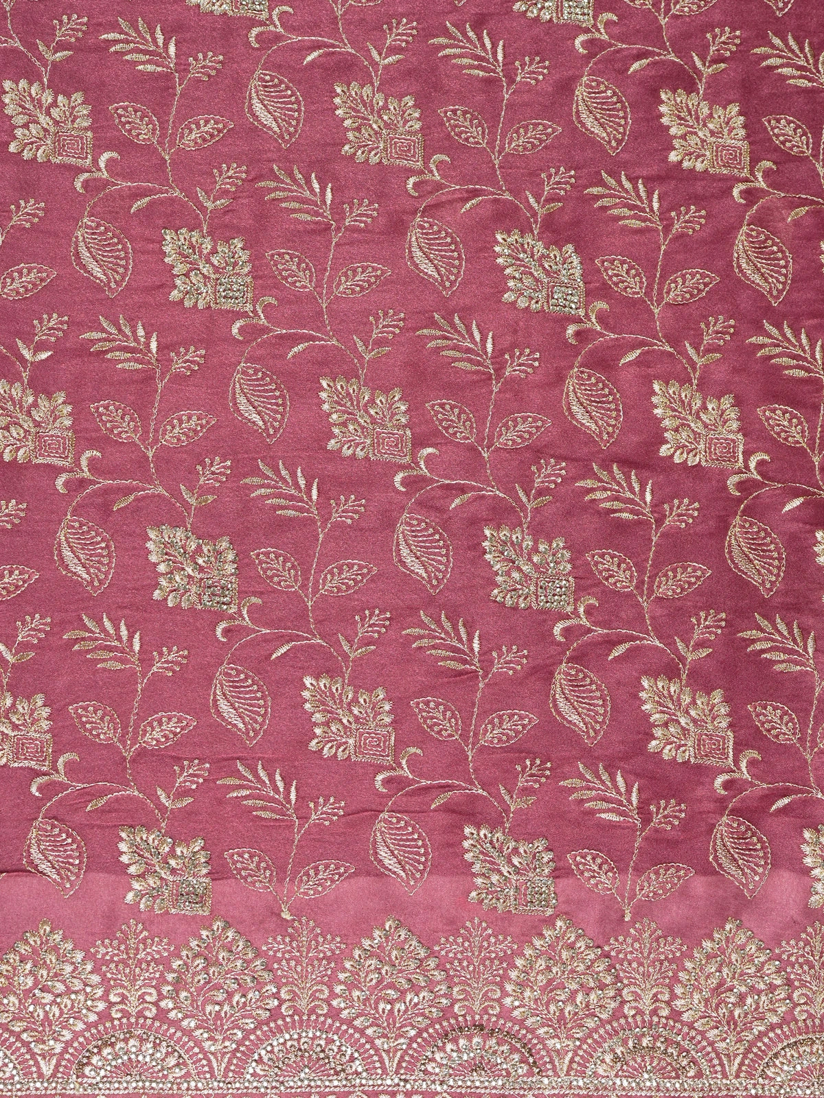 Mauve pink organza designer saree with gold floral zari embroidery and scalloped border