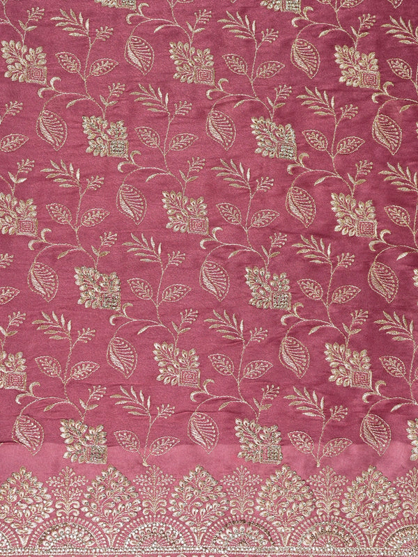 Mauve pink organza designer saree with gold floral zari embroidery and scalloped border