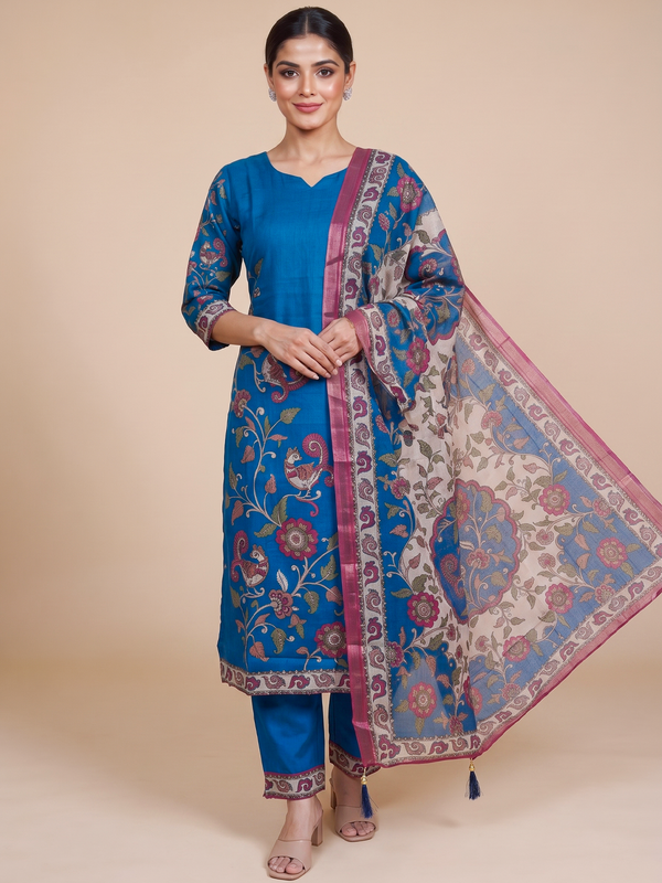 Blue Kalamkari print ready made kurti set with straight pants and contrasting cream floral dupatta