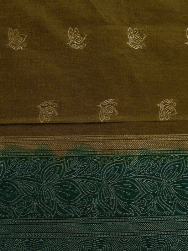 Mehendi green silk cotton saree with contrast bottle green zari border and silver lotus buttas