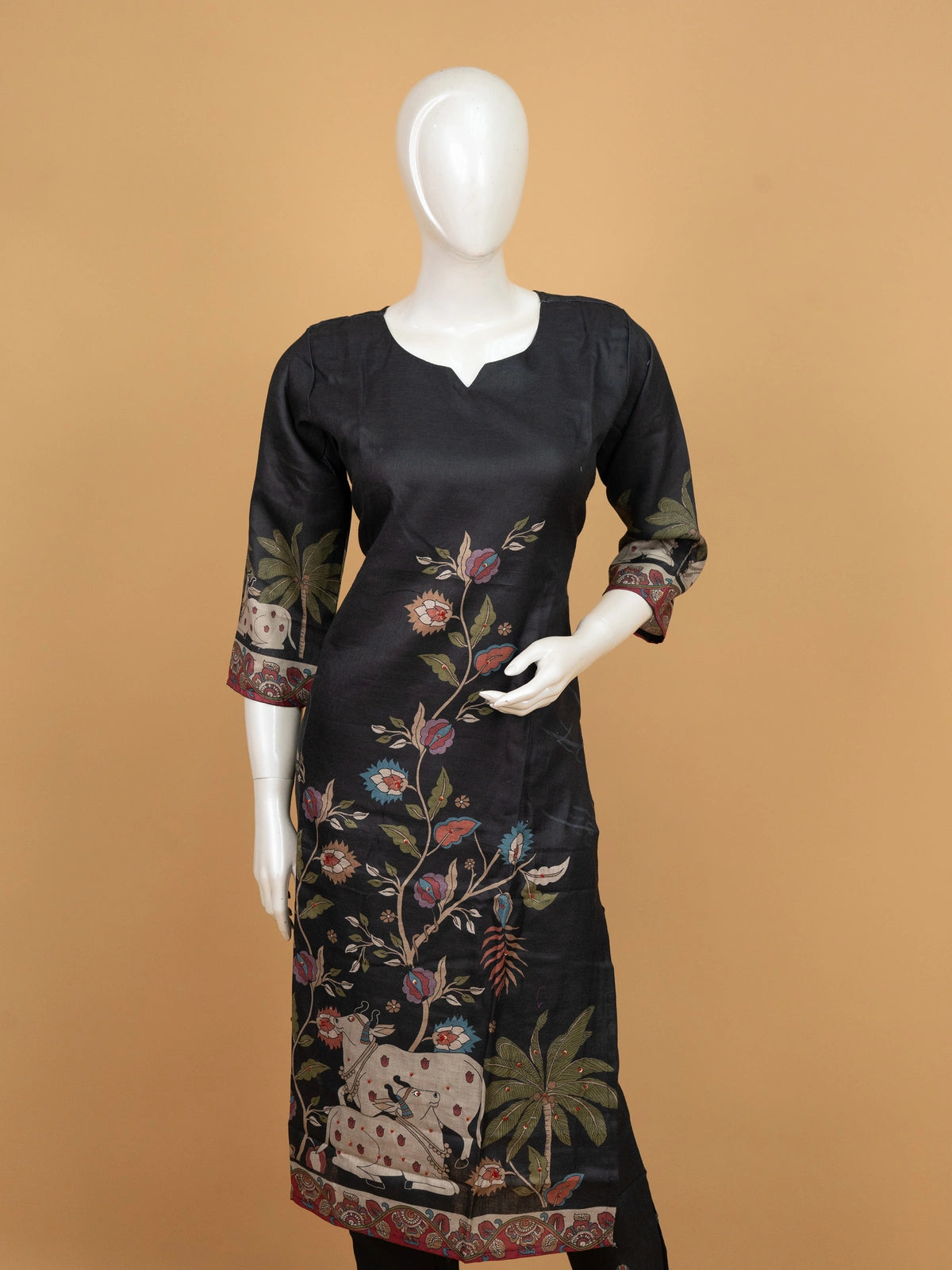Black cotton silk Pichwai printed straight cut kurti set with matching pants and Kalamkari dupatta