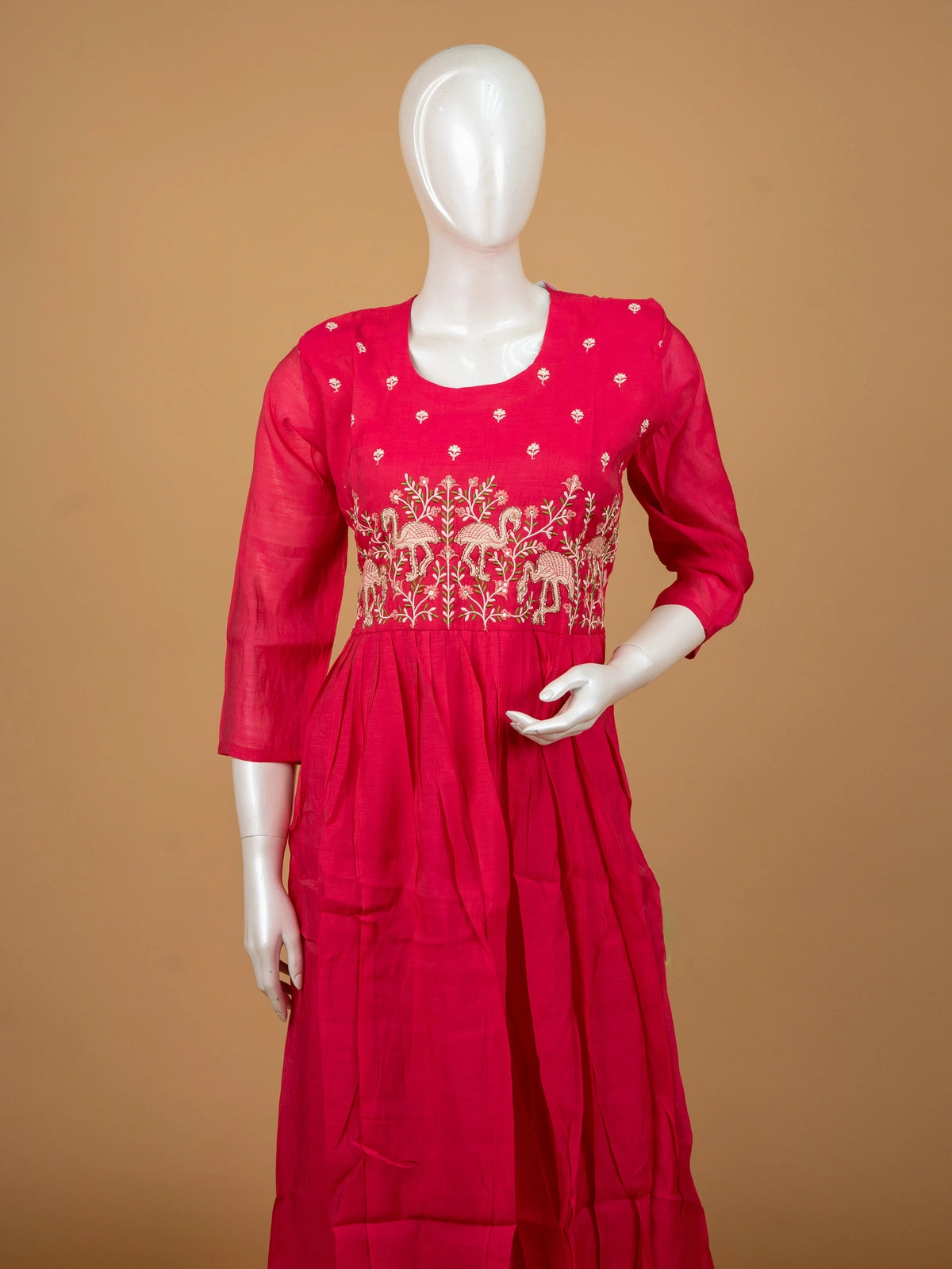 Rani Pink flamingo embroidered Chanderi silk Anarkali kurti set with floral printed dupatta