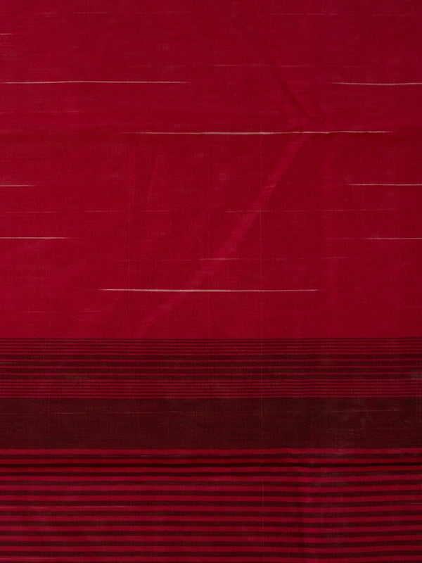 Red silk cotton saree with fine zari stripes and a striped maroon pallu