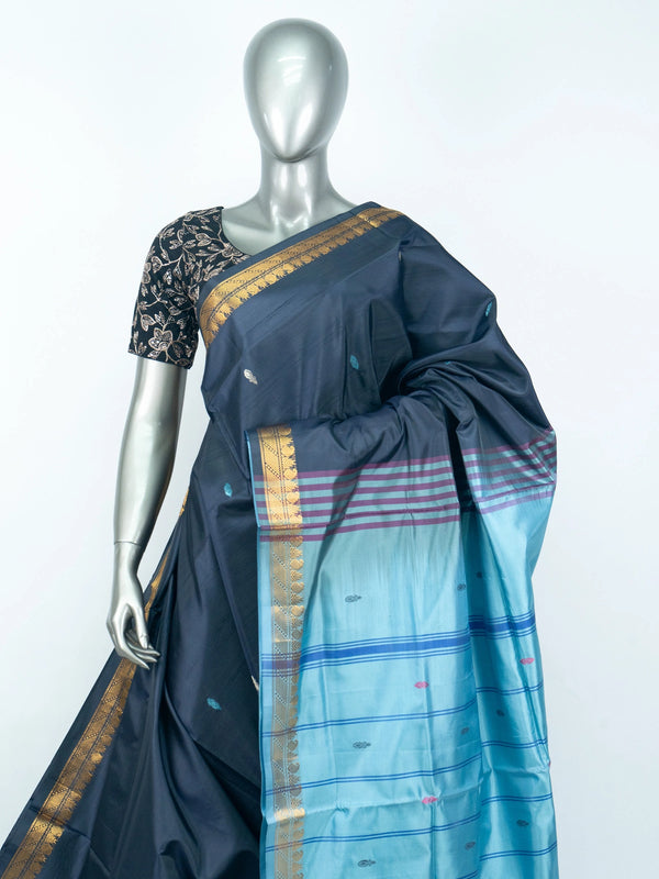 Navy blue Banana Silk saree with sky blue contrast pallu and gold zari border