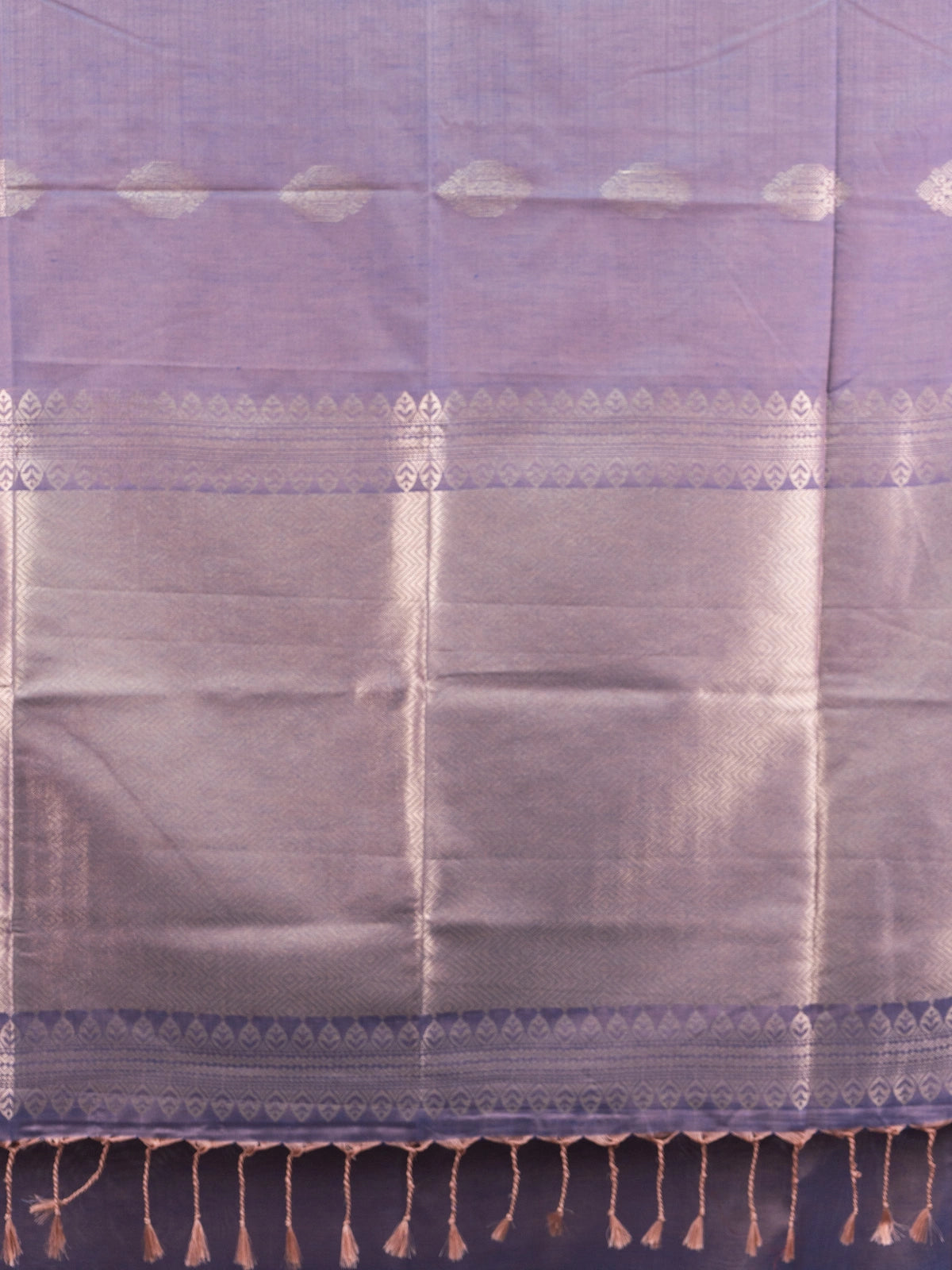 Mauve Kanchipuram fancy silk saree with navy blue contrast border and silver zari pallu