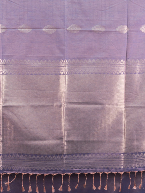 Mauve Kanchipuram fancy silk saree with navy blue contrast border and silver zari pallu